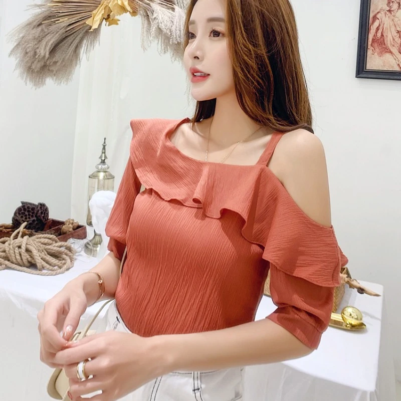 

Women Summer Shirts Casual Chiffon One Shoulder Top Lady Ruffles Blouse