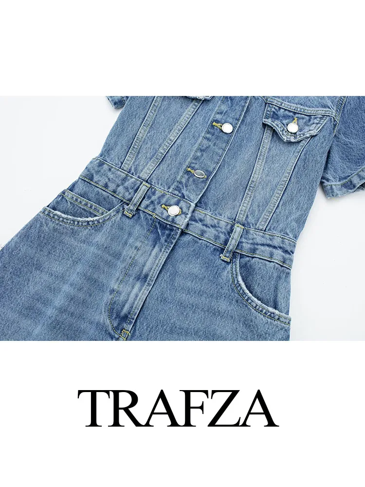 TRAFZA Summer Dresses Woman 2023 Blue Turn-Down Collar Multi-Pocket Short Sleeve Single Breasted Female Chic Denim Dresses