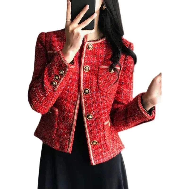 Tweed Blazers Women's Short Ins 2022 Autumn Winter Loose Red Round Neck Single-Breasted Suit Jacket