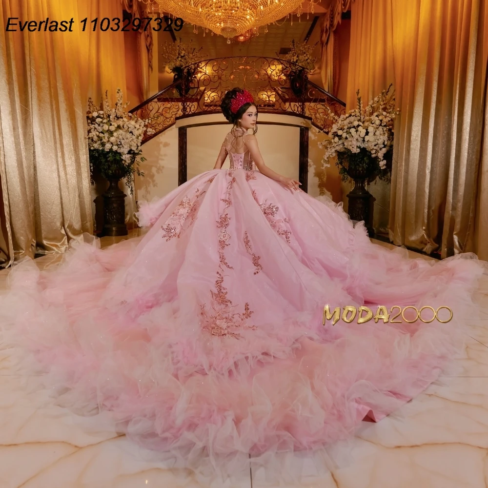 EVLAST Personalizzato Rosa Abito Quinceanera Abito di Sfera 3D Farfalla Applique Fiocco di Perline Messicano Dolce 16 Vestido De 15 Anos QD1085