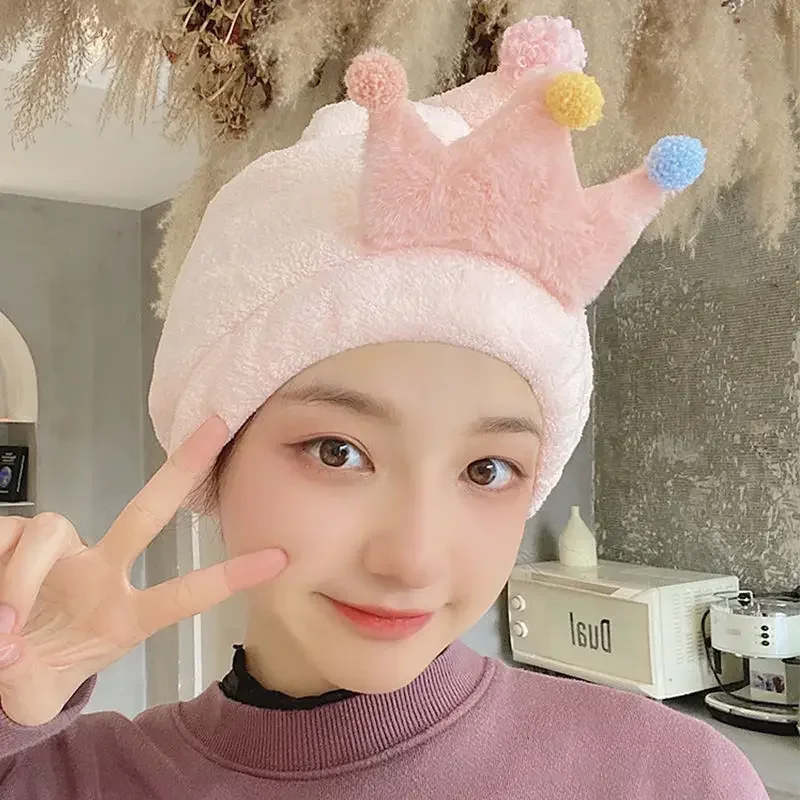 

Hair Towel Drying Hat Women Queen Pink Girls Double-layer Thicken Microfiber Quick Drying Shower Cap Machine Washable Soft Daily