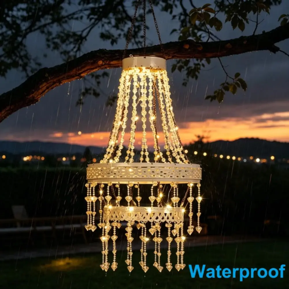 Waterproof Solar Hanging Lantern Modern Design Crystal Acrylic Outdoor Pendant Light Metal Frame Simulated Bead Accents