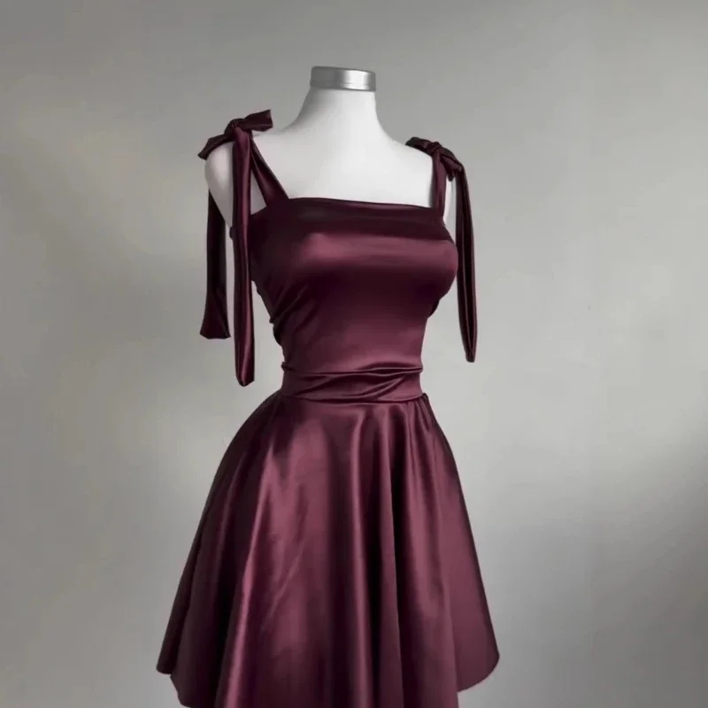 Abito da sera da donna sexy in raso bordeaux con lacci e papillon, mini abito da festa sottile a trapezio, eleganti abiti con cinturino per spaghetti senza schienale