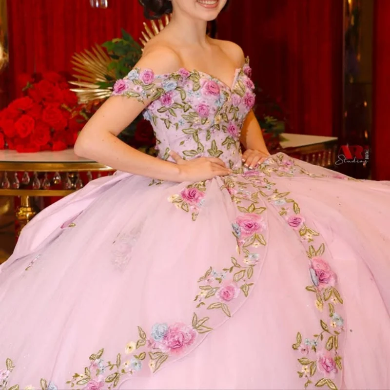 

luxury Pink Quinceanera Dress off-shoulder flower Decal layering Long tail Bow Vestidos De 15 Quinceanera ﻿Customize