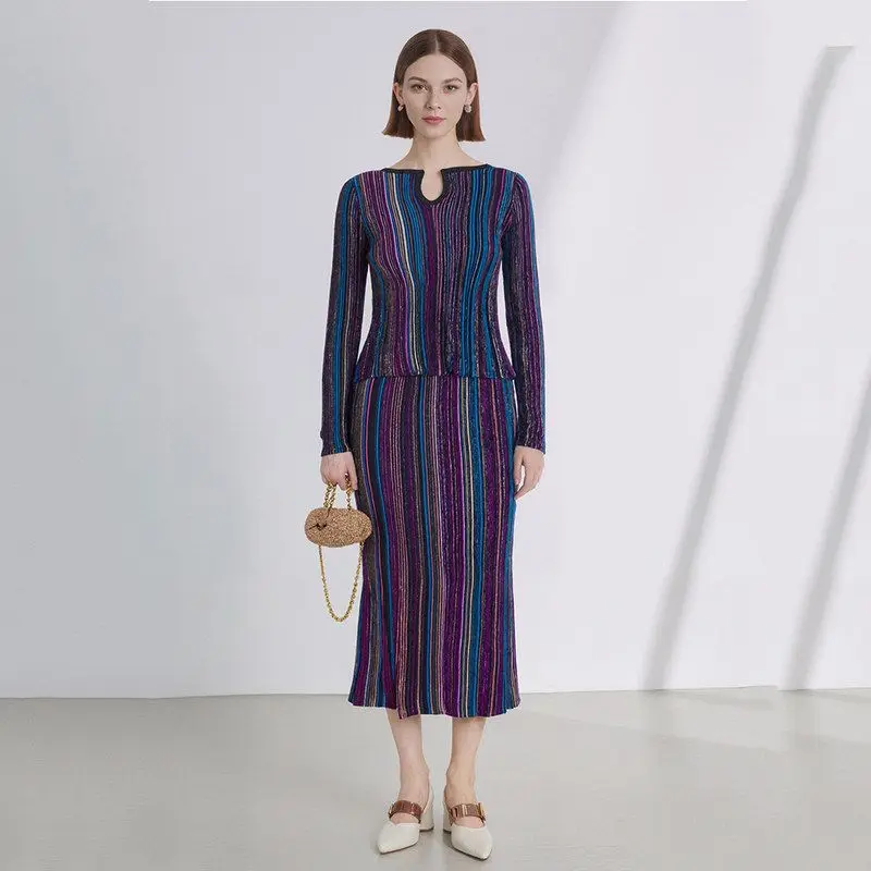 

Elegant Women's Vacation Style Color Block Long Sleeve Knitted Dress Set Elastic Waist Fashionable Outerwear Three Piece Suit