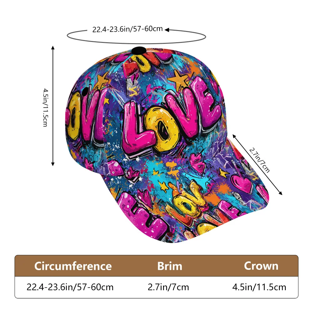 Graffiti LOVE Print Baseball Cap Colorful Street Art Adjustable Dad Hat Vibrant Hip Hop Snapback Cap for Men Women