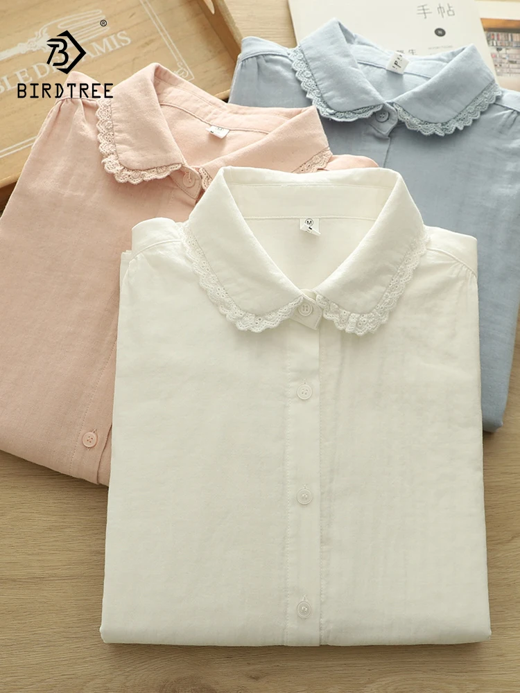 

New 2025 Spring Cotton Yarn Long Sleeve Shirt, Women Turn-down Collar Lace Top, Mori Girl Solid Versatile Loose Blouse T52321CC
