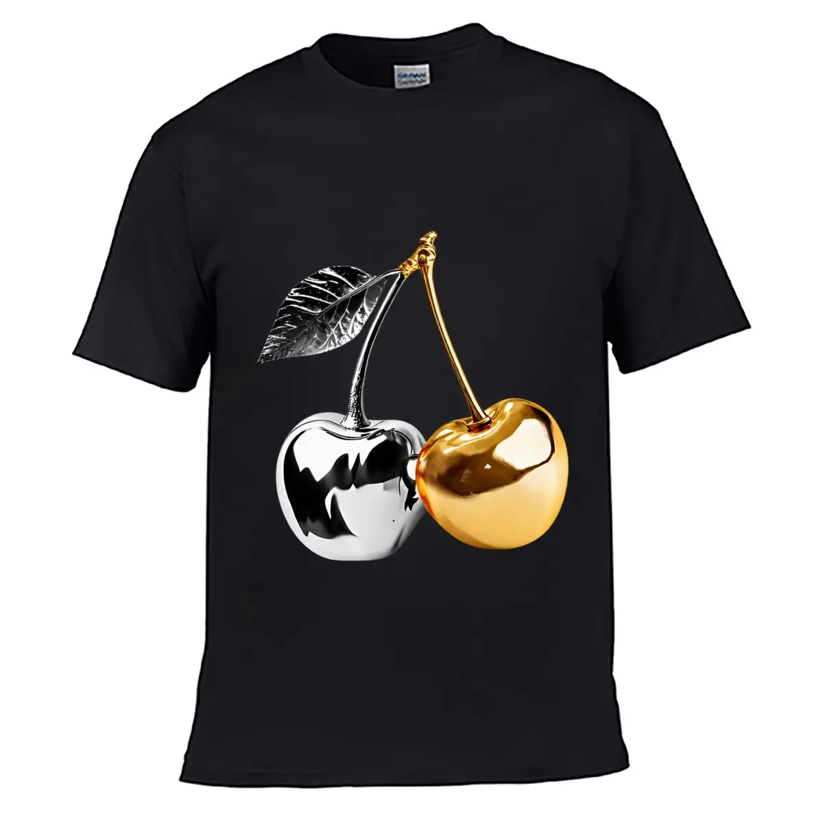 Golden And Silver Cherries With Leaf Glossy Fruit Design Men Summer T-shirt Top