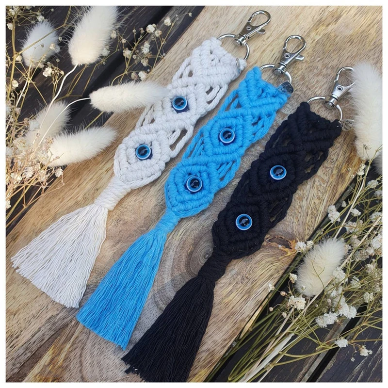 Macrame Tassel Lucky Eye Keychain Blue Turkish Evil Eye Key Chain for Women Men Jewelry Pendant Bag Accessories Decor Gift