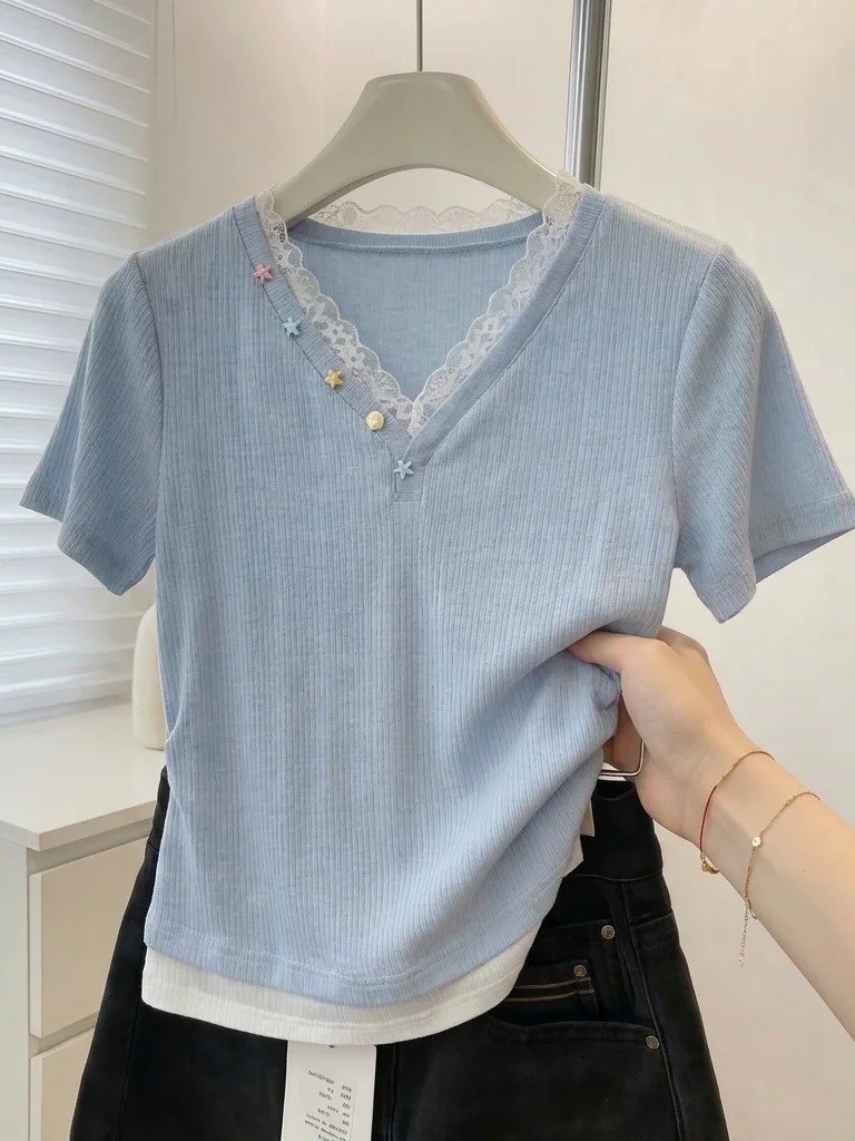 Light Blue V-Neck Short Sleeve T-Shirt Women's Summer New Style plus Size Loose Fit Korean Version Commute Style Top