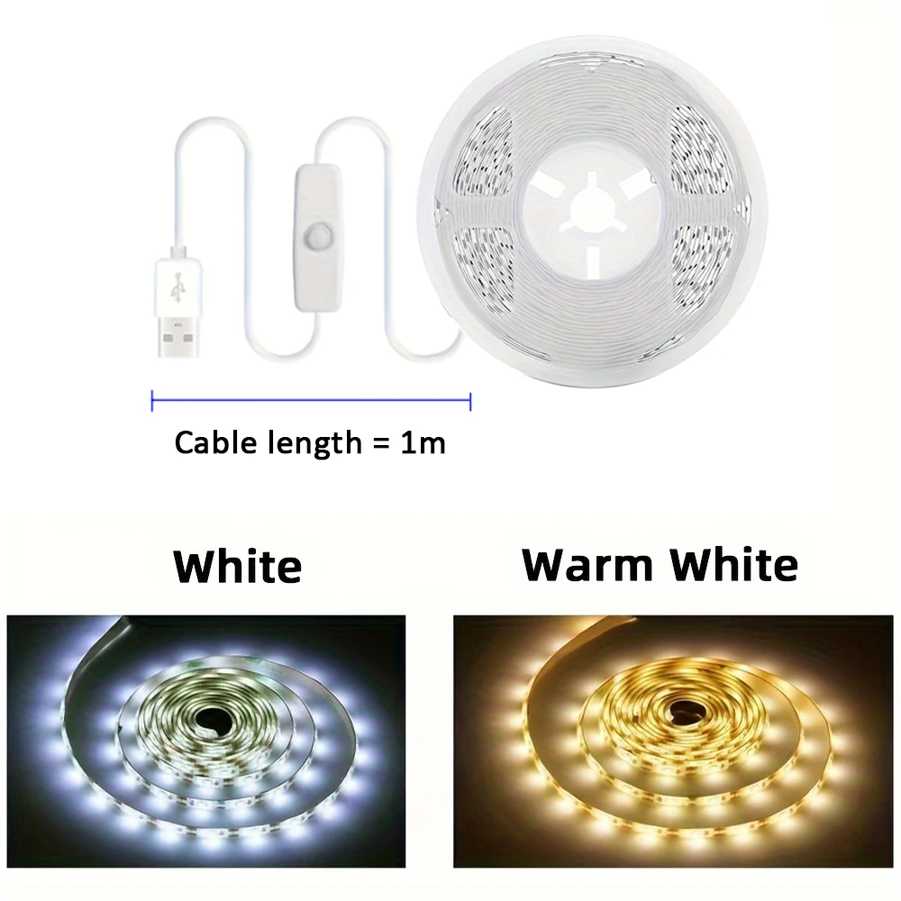 USB Led Strip Lights DC 5V 2835 White Warm White Led Lights with ON/OFF Switch for Bedroom, Mirror, Cabinet, Wardrobe, TV