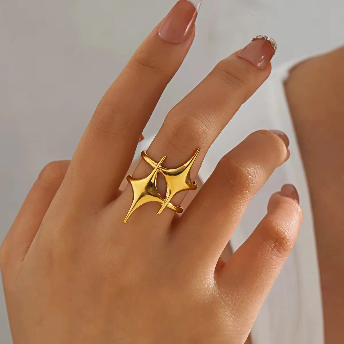Stainless Steel Ring Punk Vintage Y2K Cross Star Open Rings for Women Fashion Couple Jewelry Gift Simple Senior Sense Adjustable