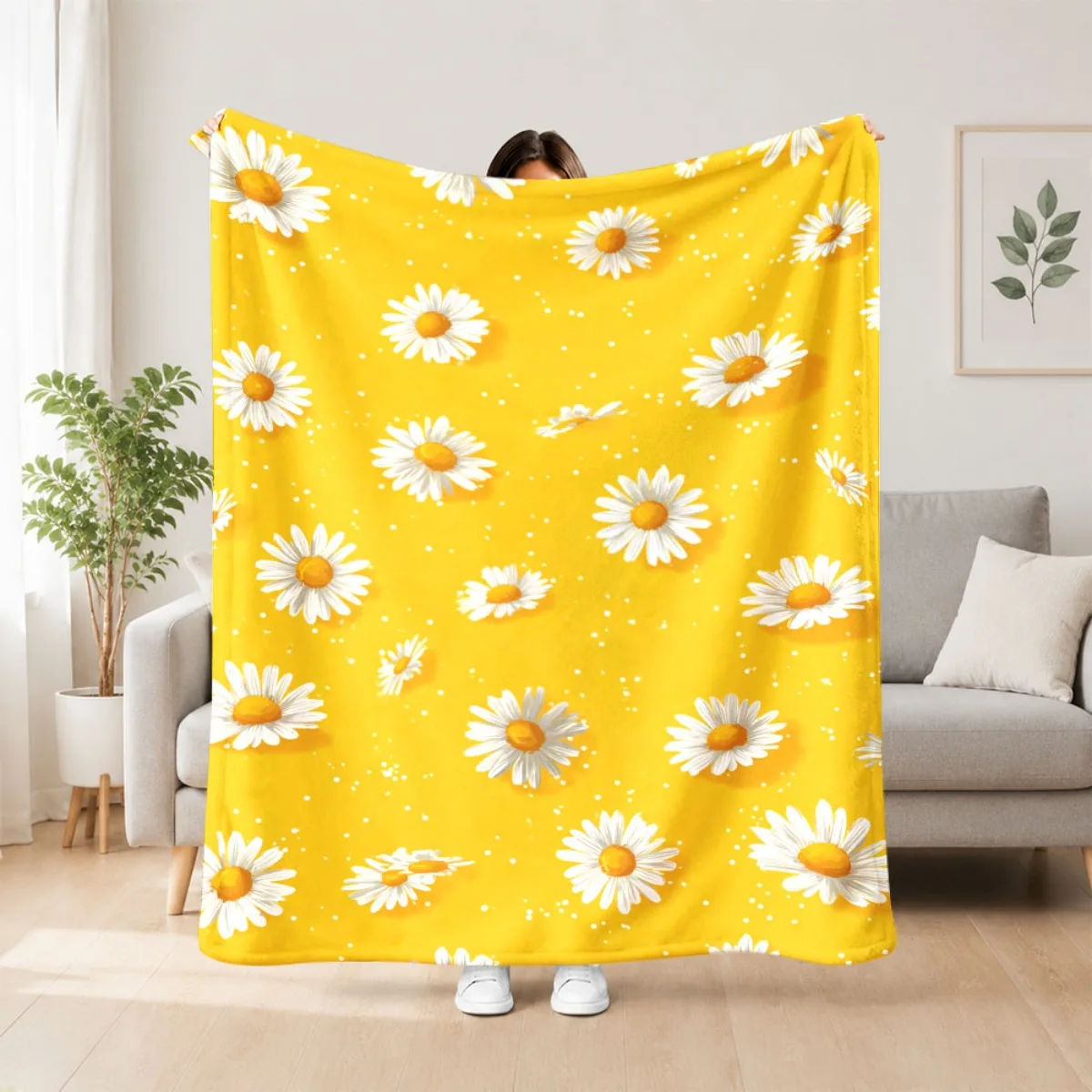 2D Flat Printing 1pc Scattered White Daisy Yellow Pattern Soft Flannel Throw Blanket Comfortable Soft Lightweight Flannel Four S
