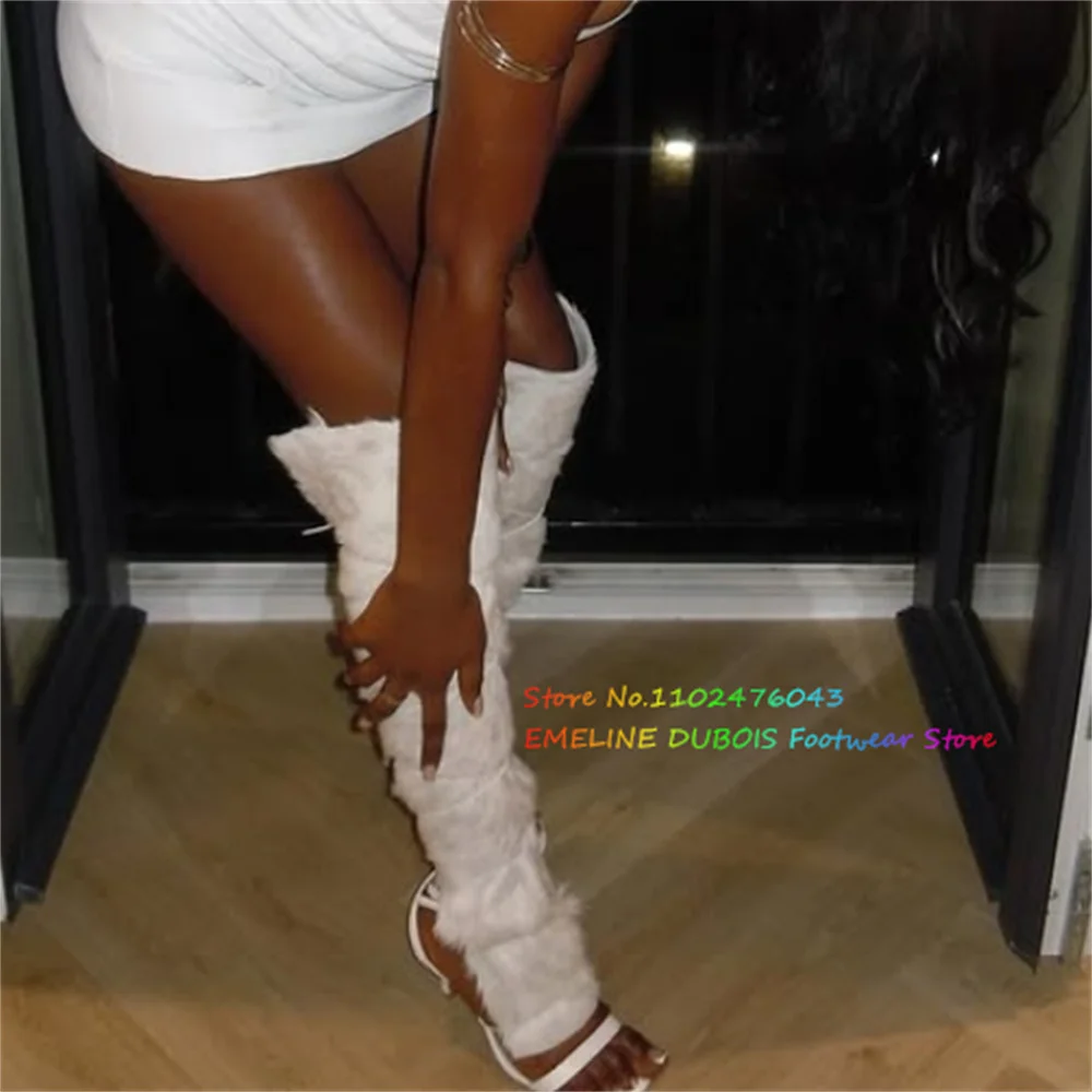 الفراء ديكور صنادل عالية الكعب المرأة مثير المفتوحة تو الجلود البيضاء كعب ستيليتو Slingback الدانتيل يصل أنيقة الصيف الأحذية الرومانية الجديدة #3