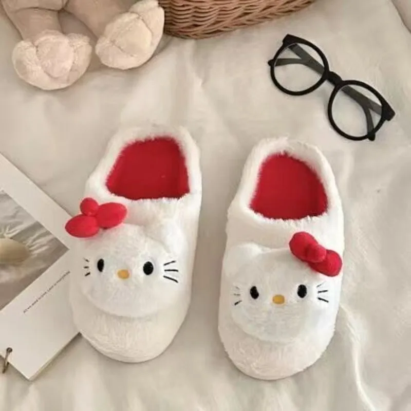 Sanrio Plush Slippers Hello Kitty Kawaii Cute Student Autumn and Winter Soft Thickened Plush Bedroom Adult Shoes Girls Christmas