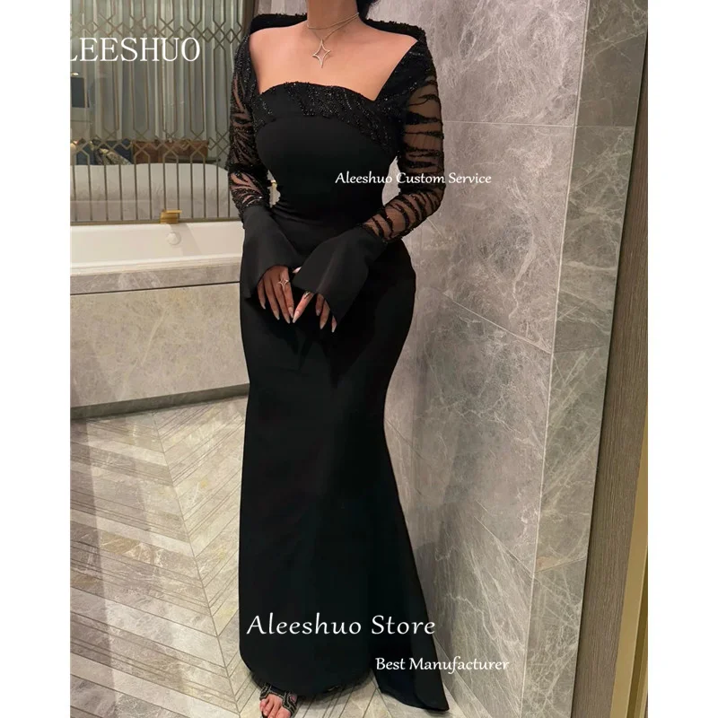 현대 검은 인어 새틴 댄스 파티 드레스 섹시한 Strapless Pleat 반짝 이는 파란색 된 Sequies 파티 드레스 긴 소매 2025 사용자 정의