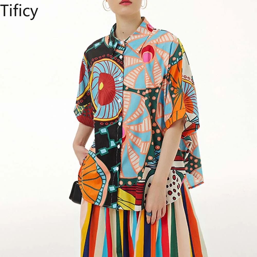 

Summer Colorful Loose Fit Slim Large Shirts Women's Holiday Printed Shirt Holiday New Top