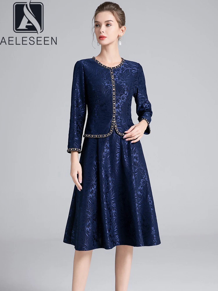 

AELESEEN Office Ladies Jacquerd Dress Women Autumn O-Neck 3/4 Sleeve Design Fashion Navy Blue Diamonds Patchwork Elegant Party