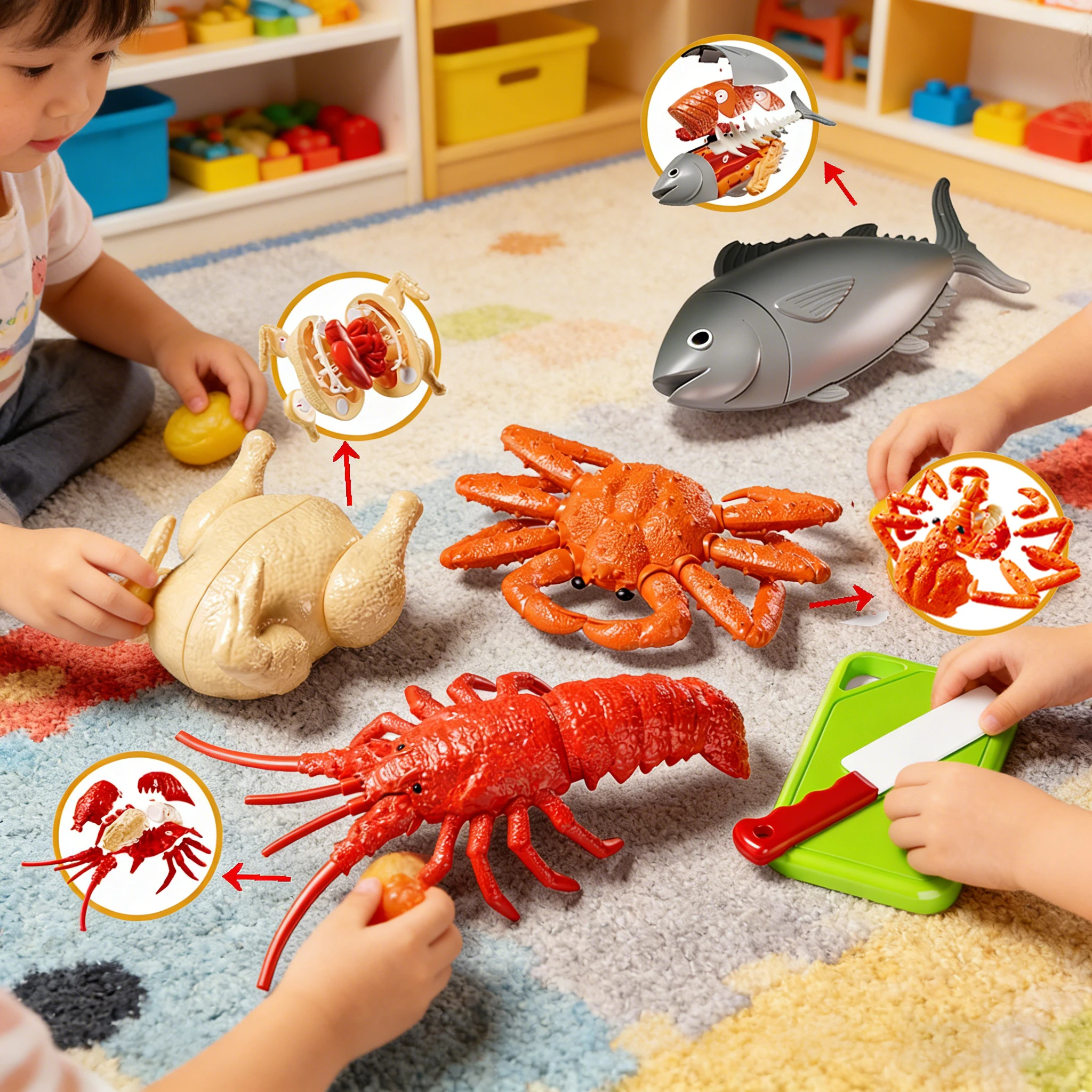 

Игровой набор для раннего развития: 3D-модели для сборки (имитация лобстера, императорского краба, курицы, рыбы) и набор для нарезки фруктов. Развивающие подарки.