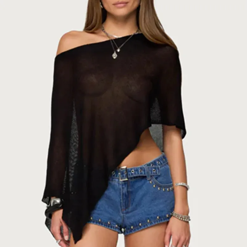 レディース シアー ポンチョ トップ 軽量 ニット ショール オフショルダー メッシュ ブラウス カバーアップ トップス Y2k エステティック ビーチウェア