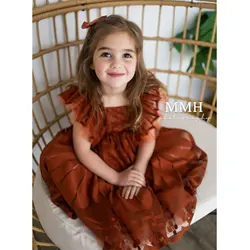 Vestido de princesa ruffle para bebé, acessórios de fotografia, foto adereços, ferrugem vermelha, traje floral para criança, outono