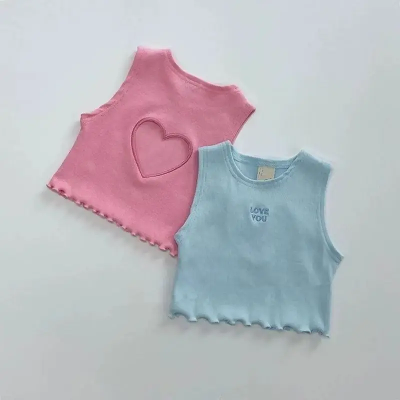 Korea Summer Kids Clothes  Baby Girls Vest Cute Hollow Heart Pink Blue Vest Toddler Fashion Cropped Top Y2k Tee Tops 80-130cm