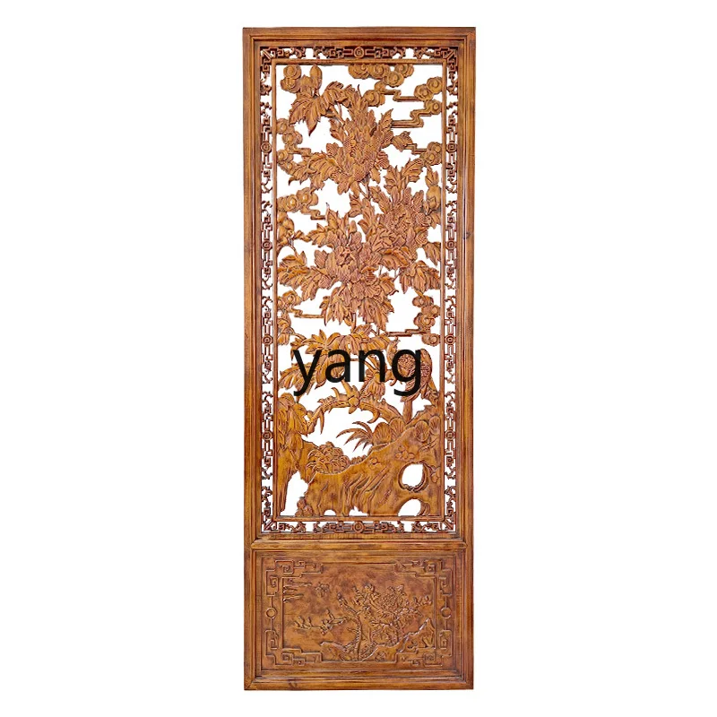 

LH Pine Wood Hollow Carved Partition Screen Hallway Entrance Background Wall with Base