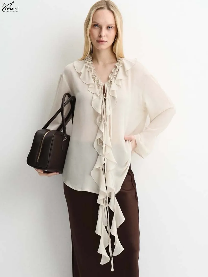 Oymimi Fashion Apricot V-Neck Women's Shirt Elegant Ruffled Long Sleeve Lace-Up Shirts Casual Loose Solid Shirts Female Clothing