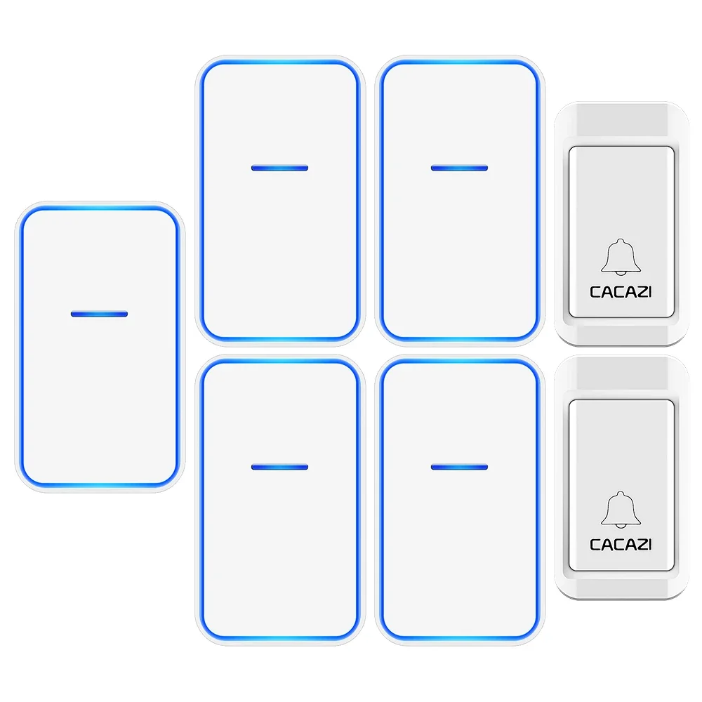 CACAZI No Battery Required Wireless Doorbell 2 Button 5 Receiver Self-powered Waterproof LED Night Light Home Cordless Call Bell