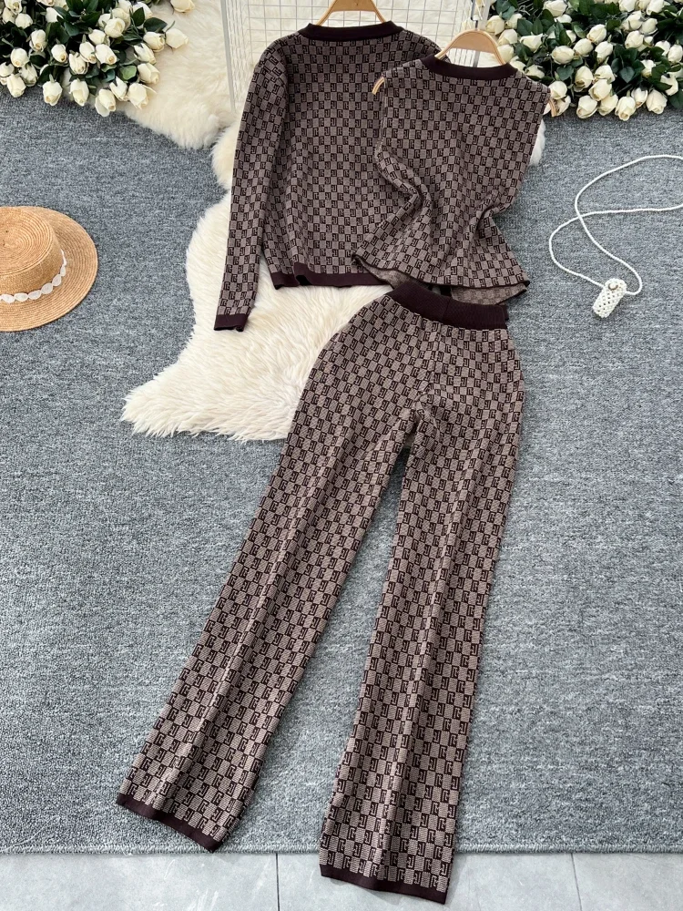 Winter Fashion Plaid Print Sweater Suits Women Knit Cardigans+Elastic Long Pants American Casual Retro Autumn OL 3 Pieces Sets