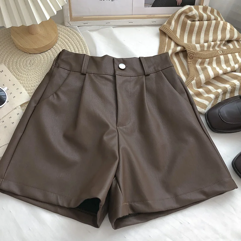 Black One button high waist solid color A-line wide-leg Shorts women autumn Korean wild thin casual PU leather shorts lady