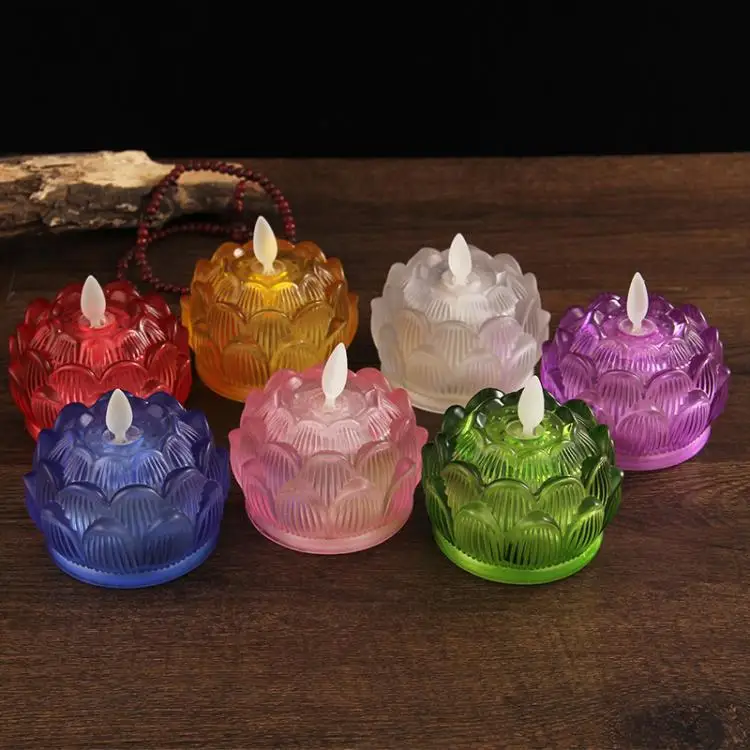 Battery Powered Colorful Glass LED Lotus Lamp, Buddha Supply Lamps, Buddha Supply Lamp, Changming Lamps, Simulated Candle