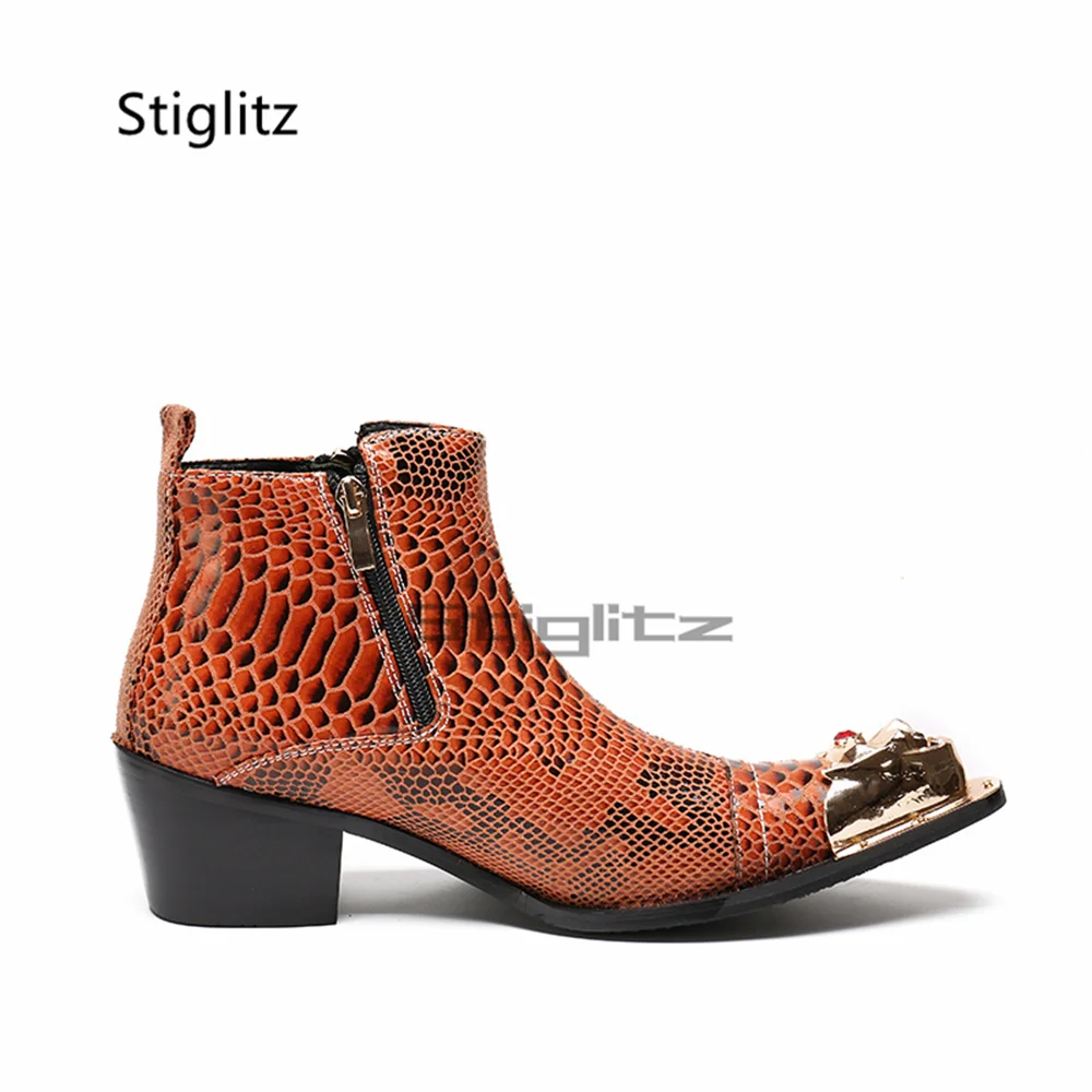 Snake Pattern High Heels Chelsea Boots Men Metal Toe Side Zipper Booties Handmade High Top Business Dress Shoes Autumn Winter