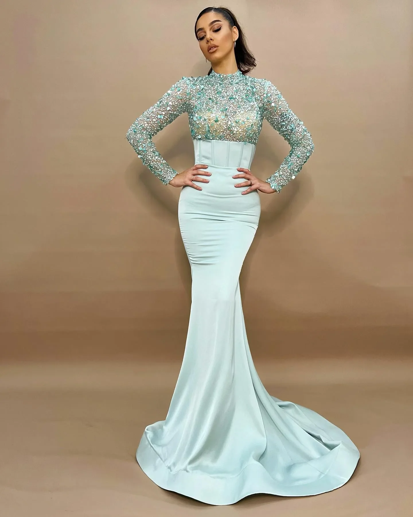 Customized Sexy Mint Green Mermaid Prom Dresses High Neck Long Sleeves Sequins Evening Gowns Formal Red Carpet Long Special Occa