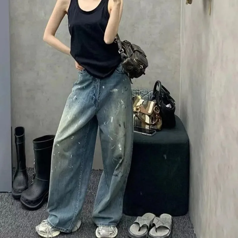 2026 New Women Retro Washed Splash Ink Denim Pants High Waist Slimming Wide Leg Straight Trousers Streetwear