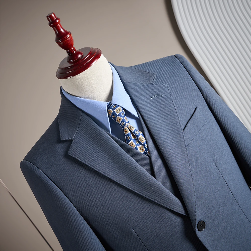 High-End Men's Wool Suit Set, Fashionable and Cool Solid Color Banquet and Wedding Fine Three-Piece Suit Set