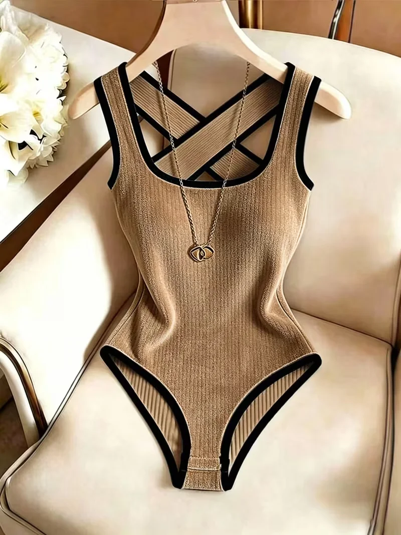 Women Ribbed Knit Bodysuit Sleeveless Tank Top Crisscross Back Black Contrast Trim Slim Stretch Casual Streetwear