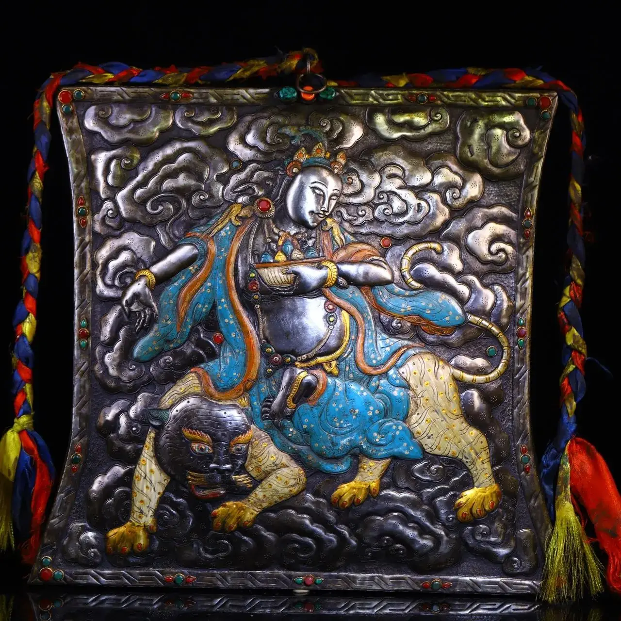 

16"Tibetan Temple Collection Old Tiantie Painted Mosaic Gem Riding Leopard Buddha Mother Manjusri Thangka Worship Hall