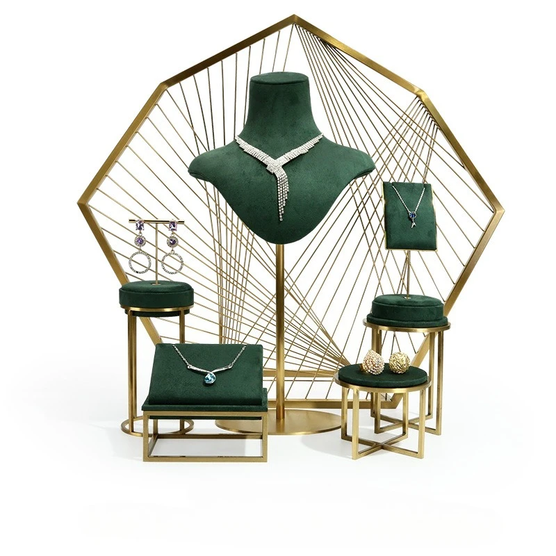 

High end jewelry display stand, green showcase necklace, earring jewelry display rack set, metal jewelry props