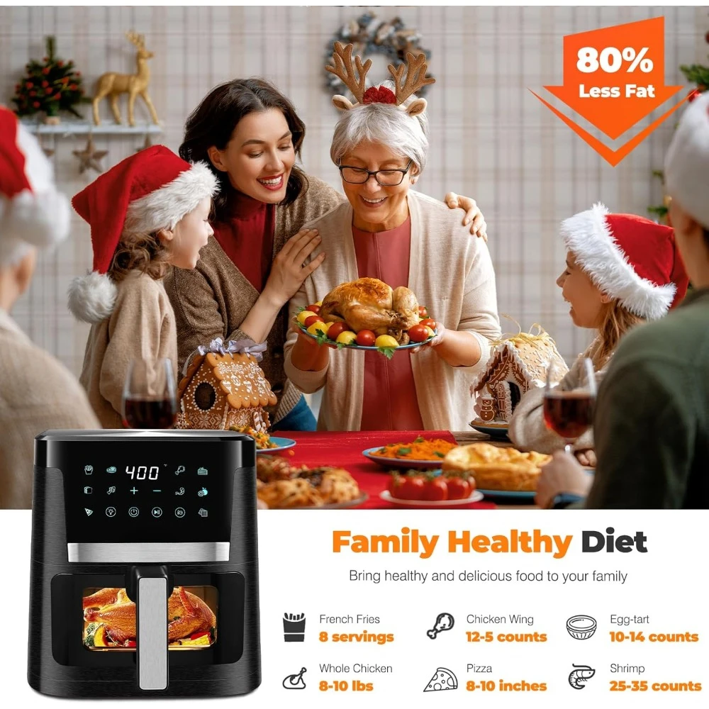 Grande Capacidade Oilless Oven Air Fryer, Air Fryer com 12 Presets, Visível Janela de Cozinha, LCD Touch Screen, 1700W, 7.5 QT