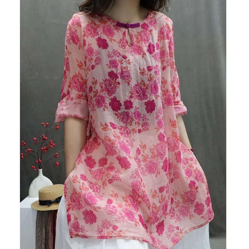 Sommeroberteil für Damen aus Baumwolle und Leinen, neuer Aufdruck, leicht und locker, lässig, vielseitig, mittellanges Hemdoberteil