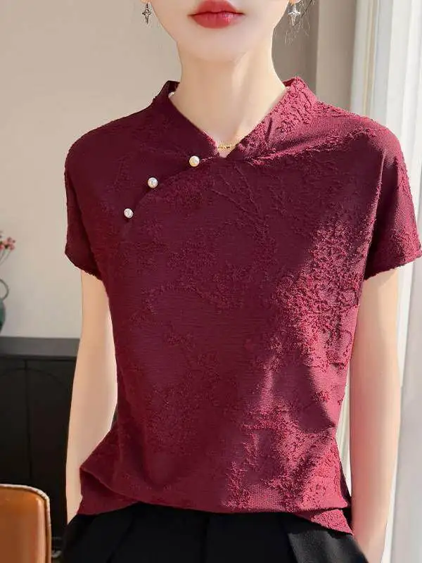 

Женская модная футболка Ele White Silk с коротким рукавом, воротником-стойкой, на пуговицах, повседневная, однотонная, с цветочной вышивкой