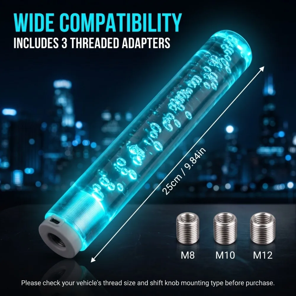 RGB Multicolor Gradient LED Shift Knob USB Powered M8 M10 M12 Adapters Gear Shift Lever 25cm Length Transparent Bubble