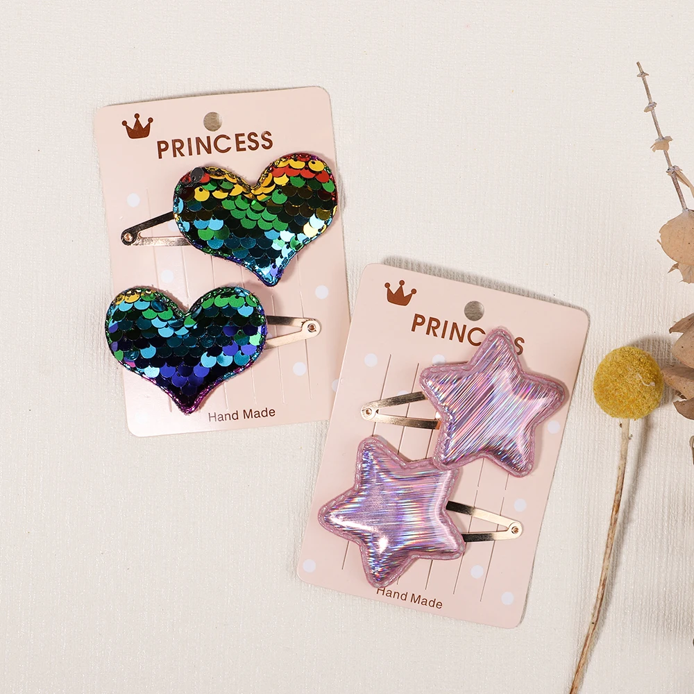 2Pcs/set Sequins Cartoon Love Heart Crown Hair Clips for Girls Handmade Boutique Hairpins Baby Clips Kids Hair Accessories