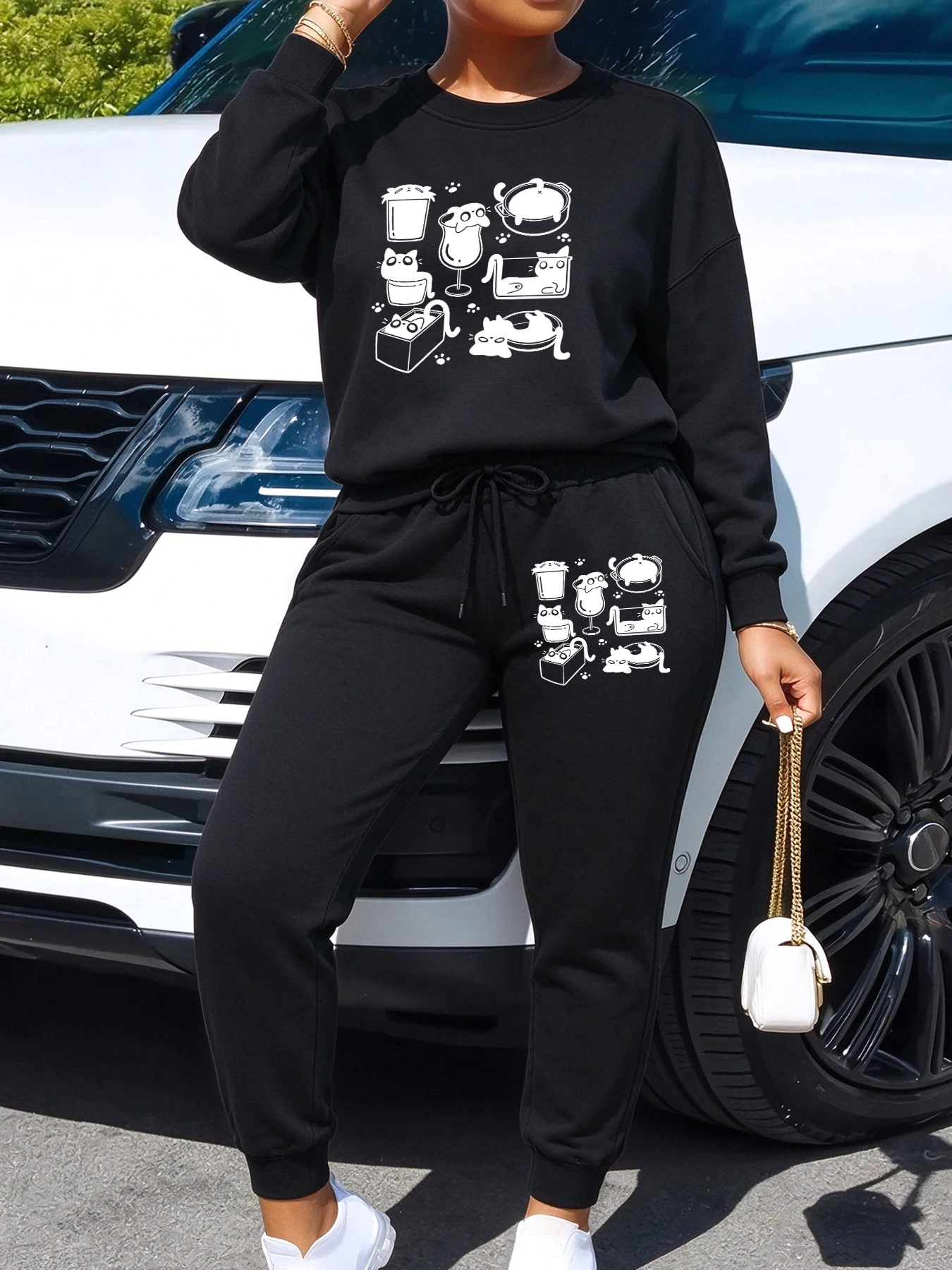Art Line Cats In Pots Paw Print Prints Women Autumn Jogging Tops Sets O-Neck Sweatshirt Fleece Clothes Hip Hop Casual Sweatpants
