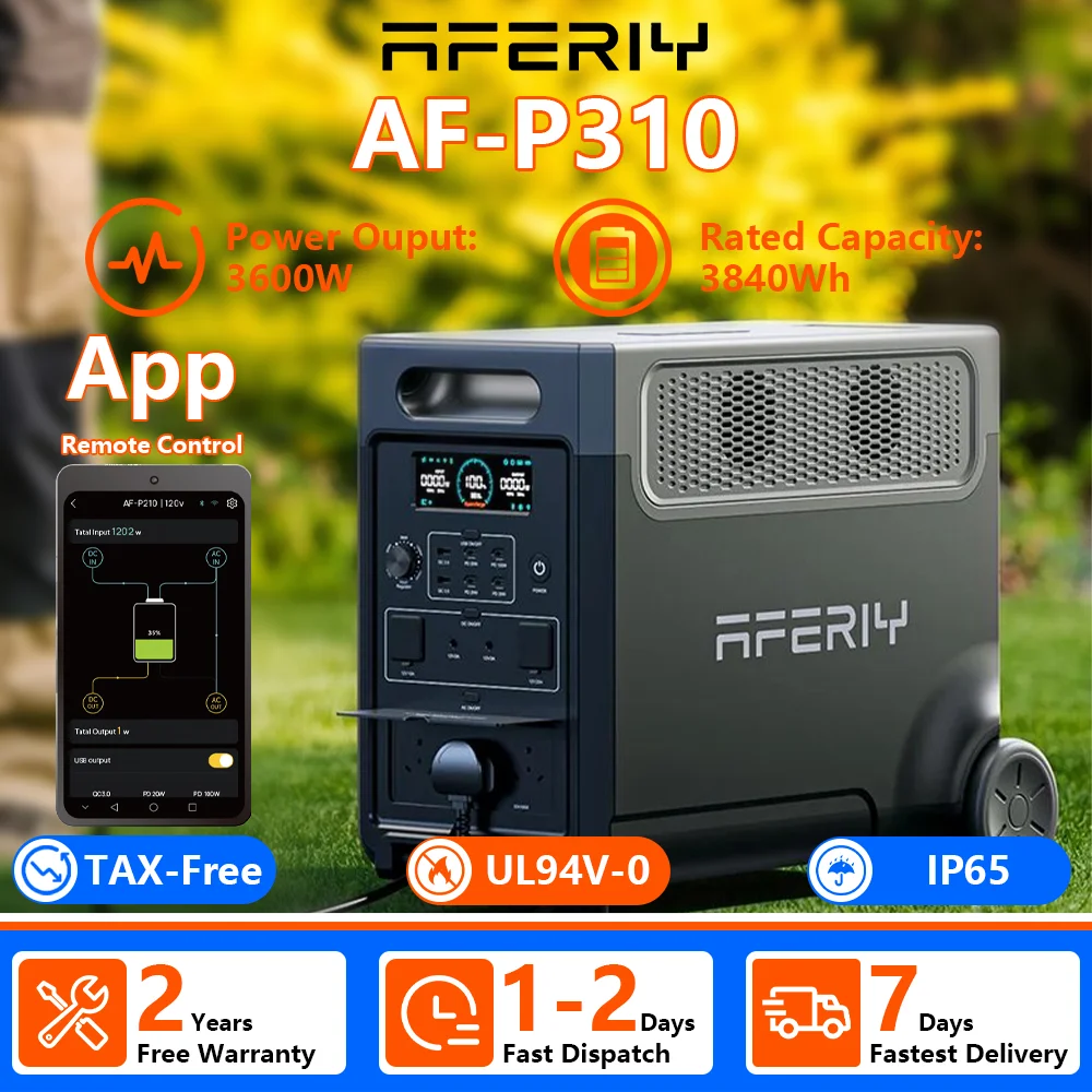 Station d'alimentation portable AFERIY P310, puissance de sortie AC 3600W, capacité 3840Wh, batterie LiFePO4, 15 ports, plus de 4000 cycles de charge/décharge à 85%, alimentation de secours,