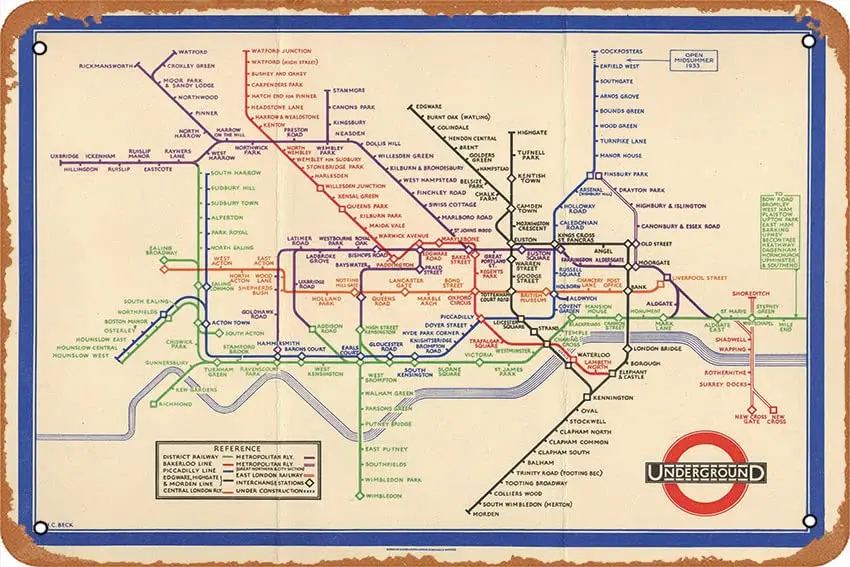 muecddoa Retro London Underground Tube Map (1933) Poster – Poster Vintage Retro Collectible tin Sign Wall Decoration 8x12 inch P