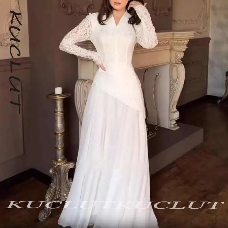 

KUCLUT Fashion Women's New Long Sleeve Lace Spliced Fitted Waist Dresses V-neck Chiffon Hem Fashion Elegant Dresses Female K111
