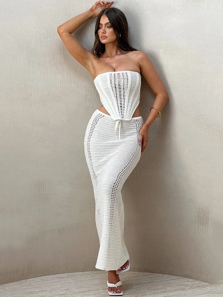 

Elegant Knit Skirt Two Piece Sets Women Strapless Bandage Crop Tops And Maxi Skirt Femme Lace Up Sexy Ttwo Piece Sets