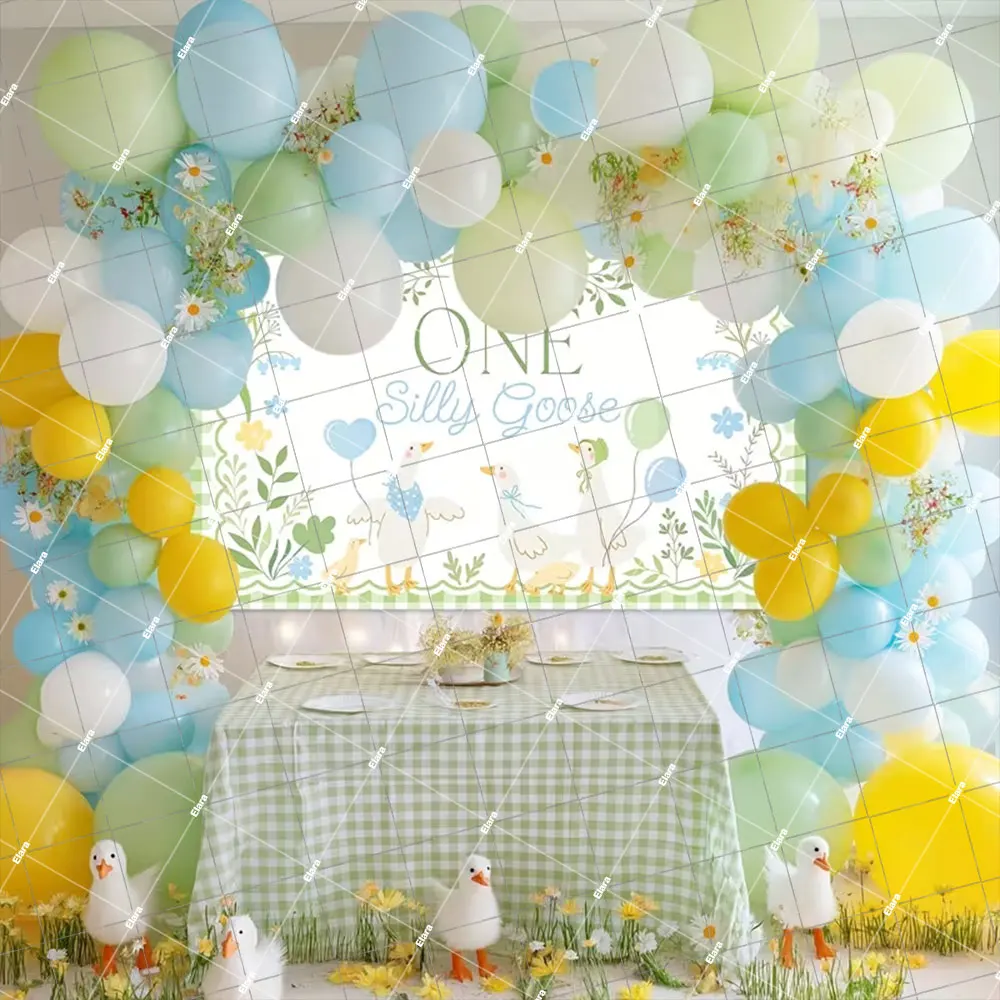 One Silly Goose تحول موضوع واحد الطفل 1st حفلة عيد ميلاد ديكور الكرتون ليتل أوزة إكليل الوردي منقوشة ربطة القوس فيونكة خلفية الدعائم